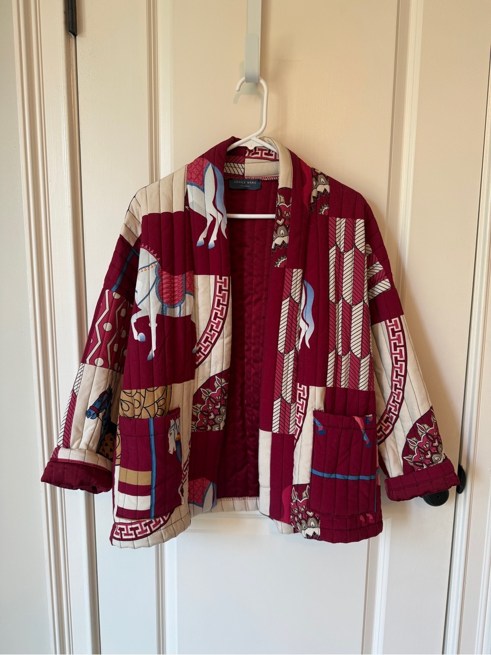 Open-Front Teddy Jacket in Burgundy & Cream with Equestrian Motif